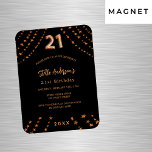 Magnet Flexible 21e anniversaire noir rose or étoiles invitation<br><div class="desc">Pour une soirée élégante de 21ème anniversaire. Un arrière - plan noir. Décoré d'étoiles dorées roses. Personnalisez et ajoutez un nom,  les détails de la fête,  l'année de naissance. Le nom est écrit avec un script de style manuscrit</div>
