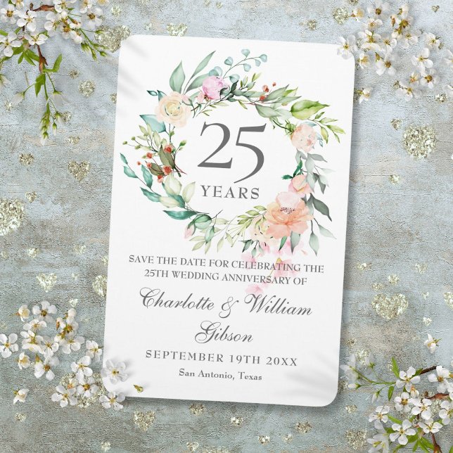 Magnet Flexible 25 ans Roses d'anniversaire de mariage Fleurs Sauv (25th Silver Anniversary Roses Floral Save the Date Magnet)