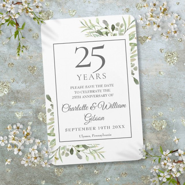 Magnet Flexible 25e Save the Date Anniversaire Argenté de Fleurs V (25th Silver Anniversary Save the Date Greenery Magnet)