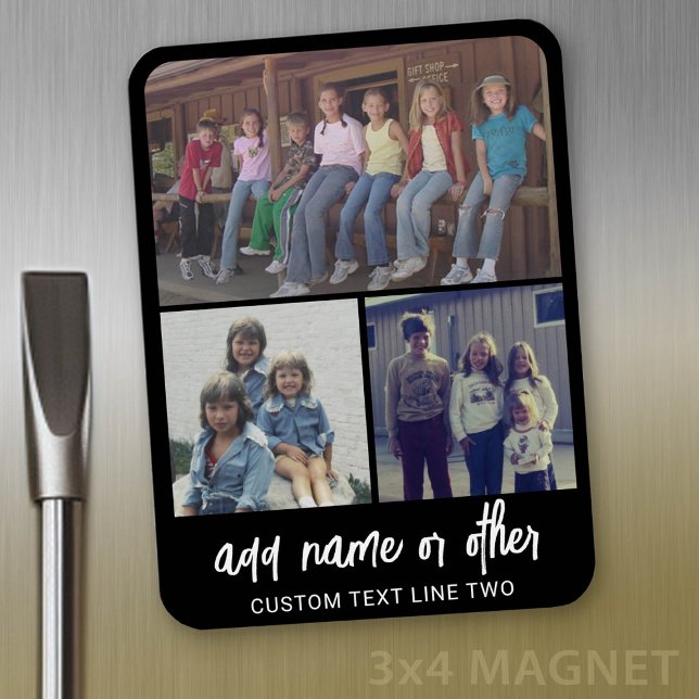 Magnet Flexible 3 Photo Collage with Script Text - black white (Personalized refrigerator magnet with photo collage and custom text - add 3 photos to this design)