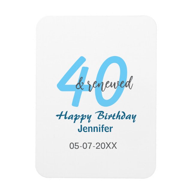 Magnet Flexible 40 ans & nom de date renouvelé bleu numéro gras (Vertical)