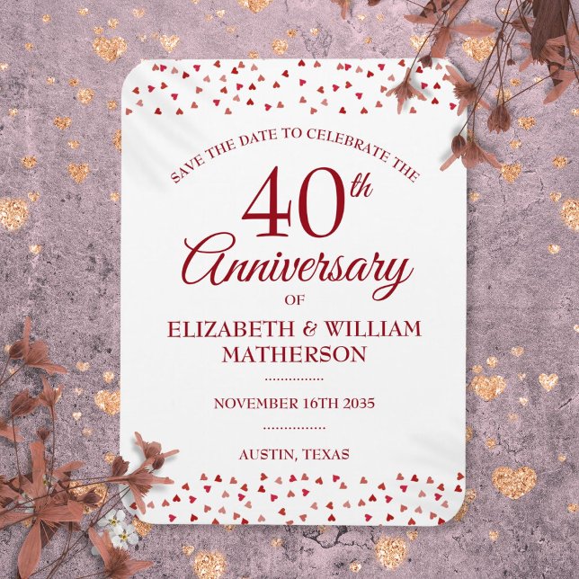Magnet Flexible 40e anniversaire du Mariage Ruby Hearts Enregistre (40th Wedding Anniversary Ruby Hearts Save the Date Magnet)