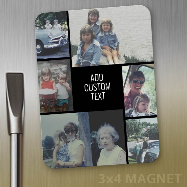 Magnet Flexible 6 photo collage - black background - white text (Personalized magnet with photo collage and text)