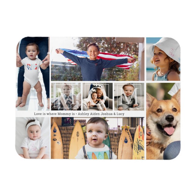 Magnet Flexible 9 Photo Collage Aimez-vous Maman Noms d'enfants (Horizontal)