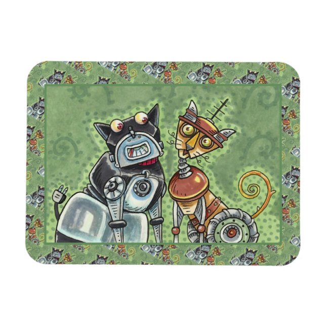 Magnet Flexible ADORABLE ROBOT BULLDOG ET FELINE AMI Drôle (Horizontal)