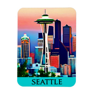 Magnet Flexible Affiche de voyage de Seattle sous un ciel d'aube