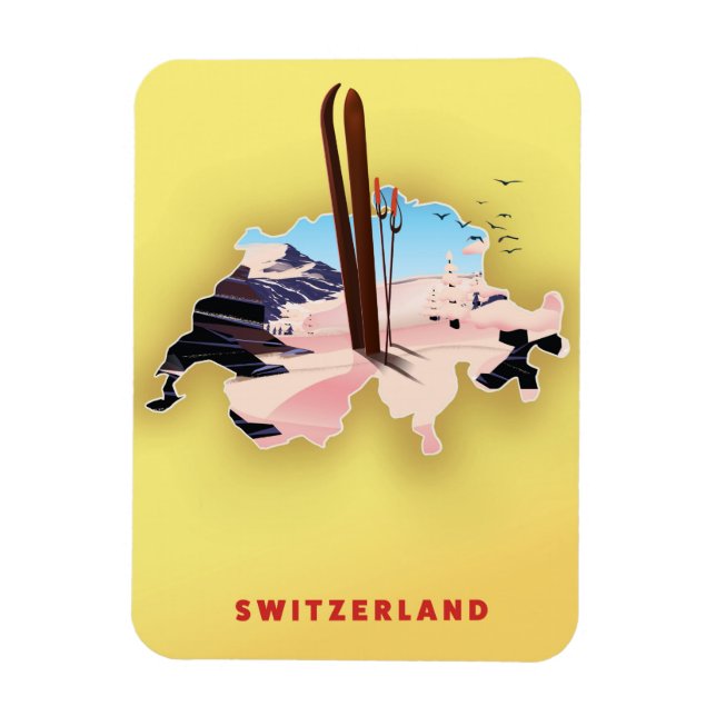 Magnet Flexible Affiche de voyage de ski carte de Suisse. (Vertical)