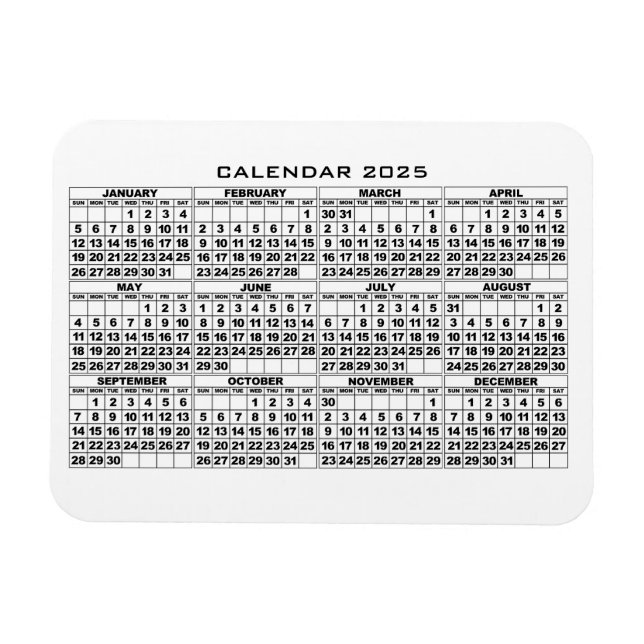 Magnet Flexible Aimant 2025 Calendrier Blanc (Horizontal)