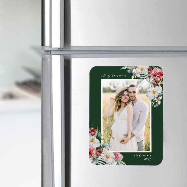 Magnet Flexible Aimant de photo de Noël élégant (Elegant Green Photo Merry Christmas Holiday Card Watercolor Botanical Floral Berries)