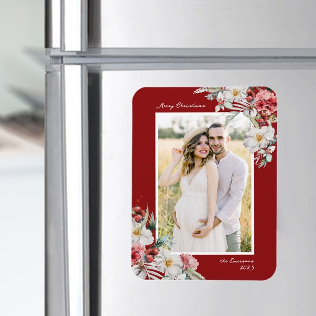 Magnet Flexible Aimant de photo élégant de Noël (Red Holiday Photo Merry Christmas Magnet Card Watercolor Floral Botanical Berries)