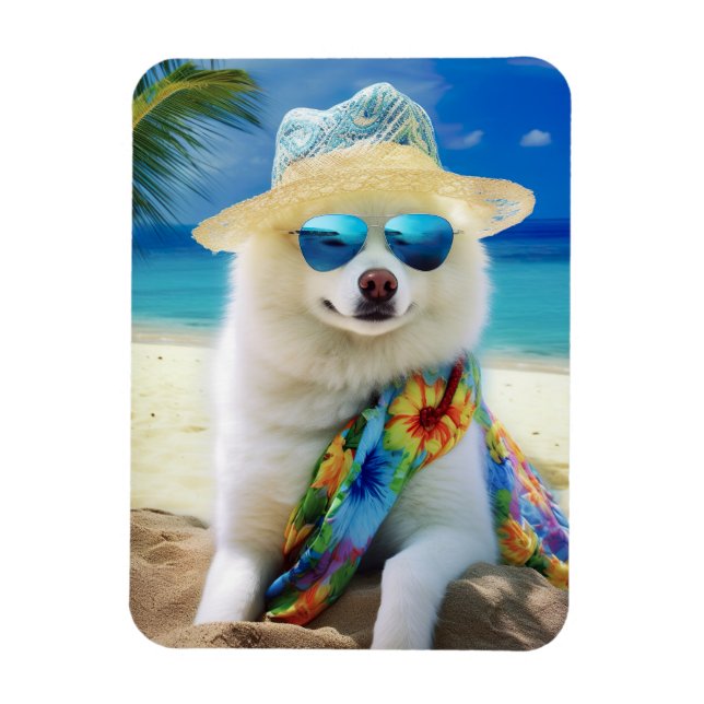 Magnet Flexible American Eskimo on Beach, cadeau d'été pour amoure (Vertical)