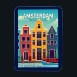 Magnet Flexible Amsterdam Pays-Bas Maisons colorées Voyage Rétro<br><div class="desc">Amsterdam design de voyage vectoriel rétro dans un style emblème. Elle est connue pour son patrimoine artistique,  son système de canaux élaboré et ses maisons étroites aux façades à pignons,  héritage de l'âge d'or du XVIIe siècle.</div>