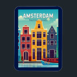 Magnet Flexible Amsterdam Pays-Bas Maisons colorées Voyage Rétro<br><div class="desc">Amsterdam design de voyage vectoriel rétro dans un style emblème. Elle est connue pour son patrimoine artistique,  son système de canaux élaboré et ses maisons étroites aux façades à pignons,  héritage de l'âge d'or du XVIIe siècle.</div>