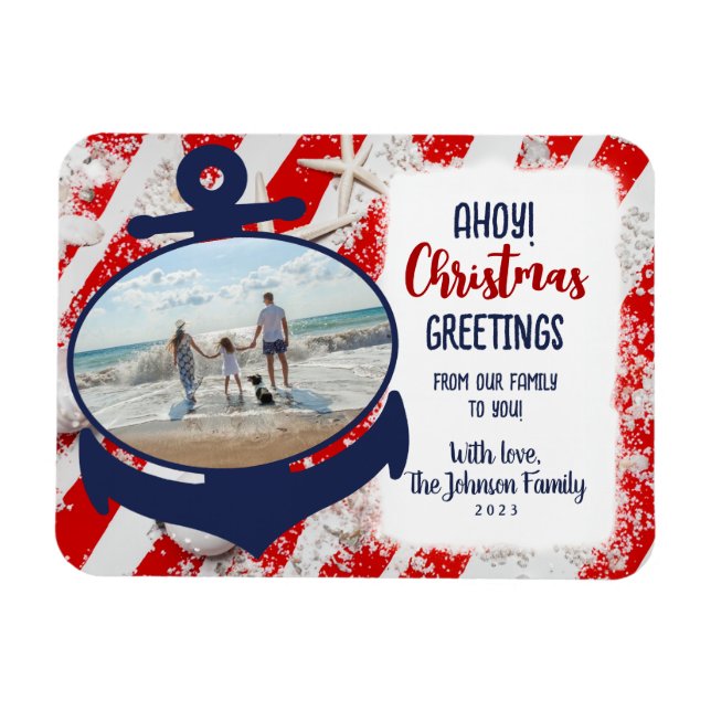 Magnet Flexible Ancre nautique rouge, blanc et bleu Ahoy Christmas (Horizontal)