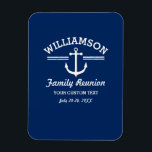 Magnet Flexible Ancres nautiques Famille Réunion Voyage Cruise Bea<br><div class="desc">Le design parfait pour une réunion de famille, un voyage, une croisière ou une maison de plage, avec un logo d'ancrage blanc, rayures vintages et votre nom. Personnalisez-vous avec 3 lignes de texte personnalisé - ajoutez "Réunion de famille, voyage en famille, croisière, nom de la maison de plage, emplacement, date,...</div>