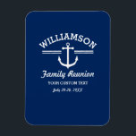 Magnet Flexible Ancres nautiques Famille Réunion Voyage Cruise Bea<br><div class="desc">Le design parfait pour une réunion de famille, un voyage, une croisière ou une maison de plage, avec un logo d'ancrage blanc, rayures vintages et votre nom. Personnalisez-vous avec 3 lignes de texte personnalisé - ajoutez "Réunion de famille, voyage en famille, croisière, nom de la maison de plage, emplacement, date,...</div>