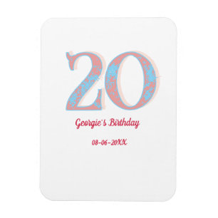 MAGNET FLEXIBLE ANNIVERSAIRE 20 ANS ABRICOT BLEU GRAS RÉTRO NOM ÉL