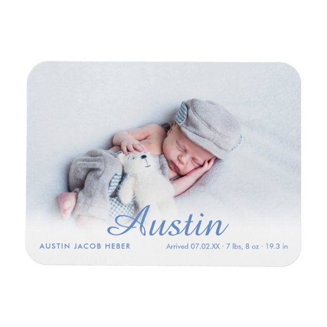 Magnet Flexible Annonce de naissance bleue simple avec nom de scri (Horizontal)