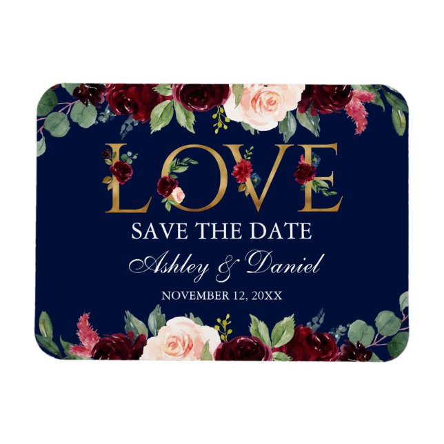 Magnet Flexible Aquarelle Bleu Bourgogne Amour Floral Enregistrer  (Horizontal)