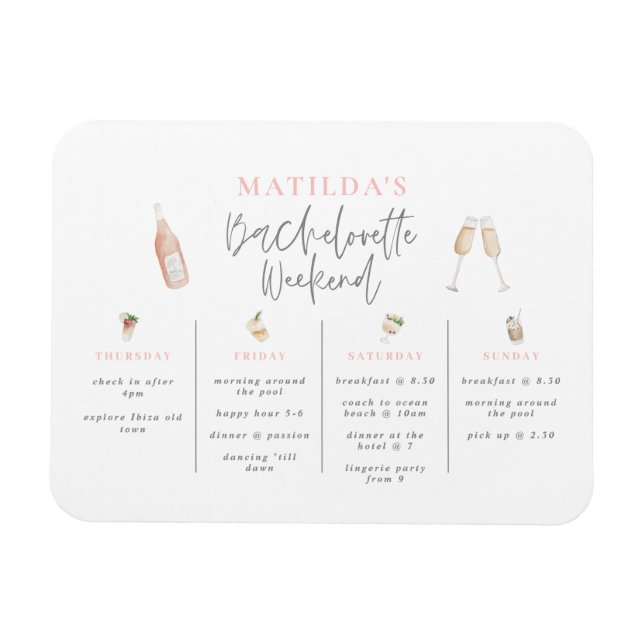 Magnet Flexible Aquarelle boissons bachelorette week-end itinérair (Horizontal)