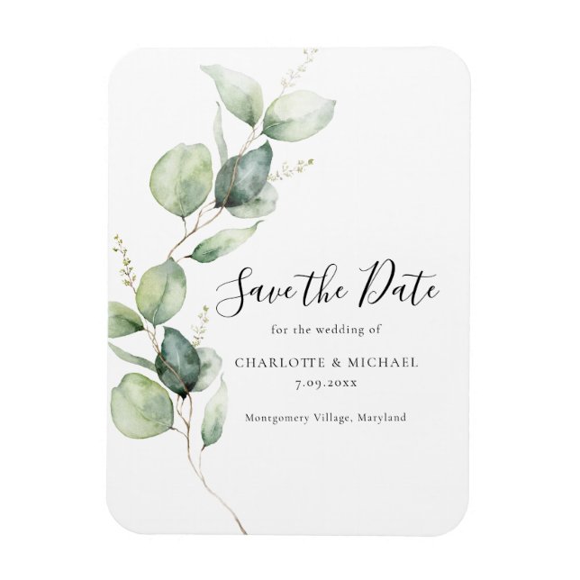 Magnet Flexible Aquarelle Eucalyptus Feuilles Enregistrer la date (Vertical)