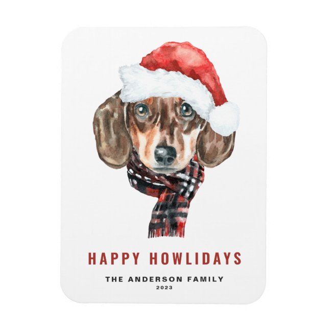 Magnet Flexible Aquarelle Festive Dachshund Père Noël Joyeux Howli (Vertical)