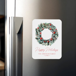Magnet Flexible Aquarelle Holly Berry & verdure Wreath Holiday