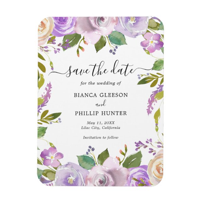 Magnet Flexible Aquarelle Lilac Mariage floral Enregistrer la date (Vertical)