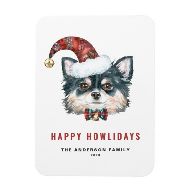 Magnet Flexible Aquarelle Long Haired Chihuahua Joyeux Howlidays (Vertical)