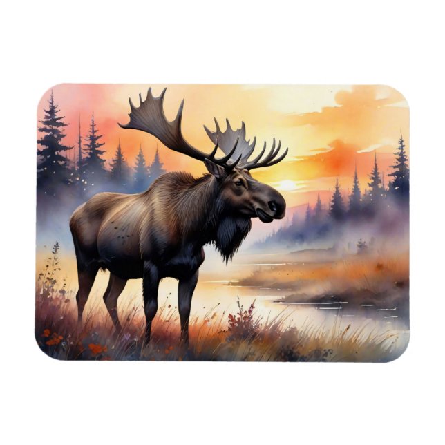 Magnet Flexible Aquarelle Moose au lever du soleil Flexible (Horizontal)