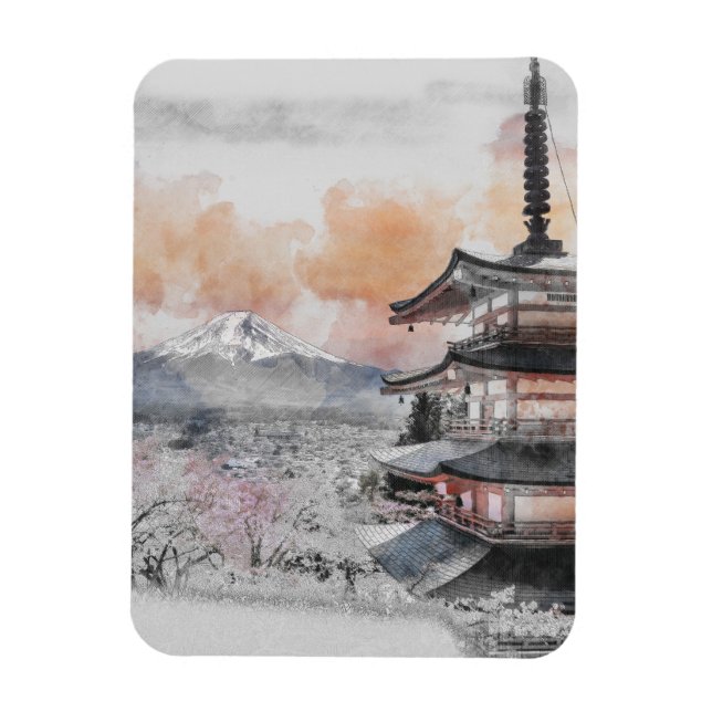 Magnet Flexible Aquarelle Pagode japonaise & Mt. Fuji  (Vertical)