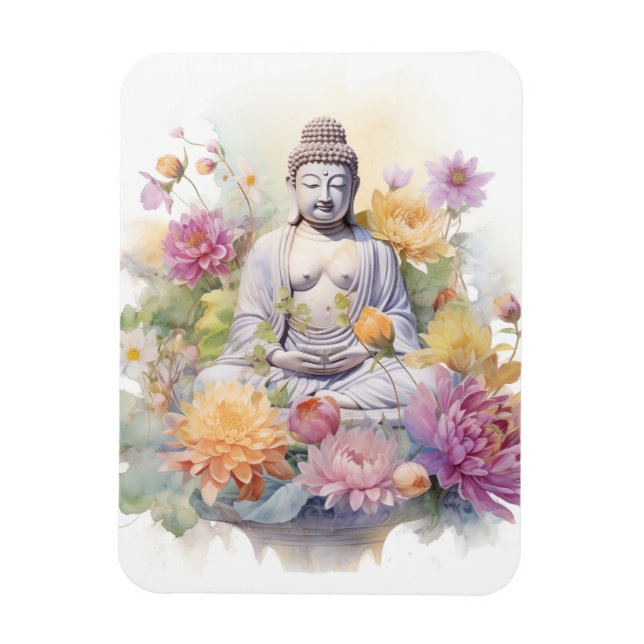 Magnet Flexible Aquarelle Serene Bouddha rose Fleurs Jaunes Art (Vertical)