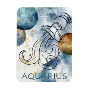 Magnet Flexible Aquarius zodiac bleu noir planètes de texte en or 