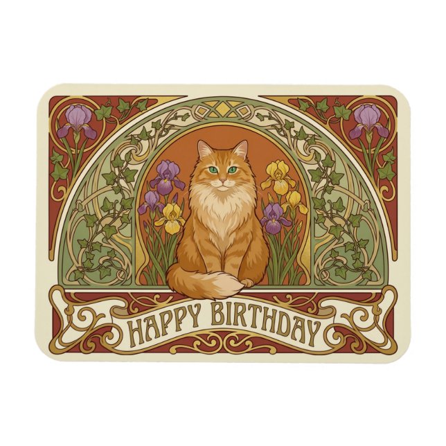 Magnet Flexible Art Nouveau Ginger Cat Birthday Card (Horizontal)