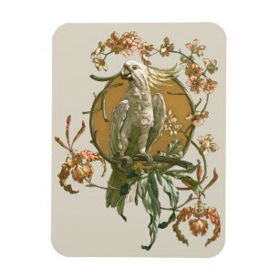 Magnet Flexible Art Nouveau vintage, oiseau cacatoès, fleurs d'orc