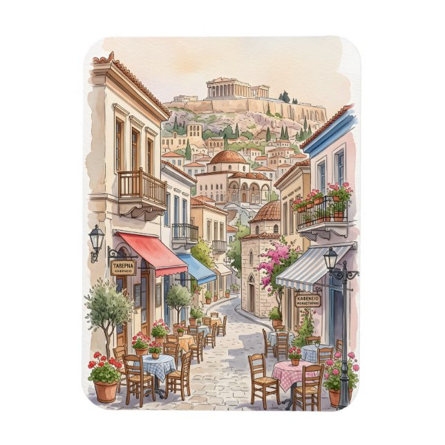 Magnet Flexible Athènes charmant Grèce Rue Aquarelle (Vertical)