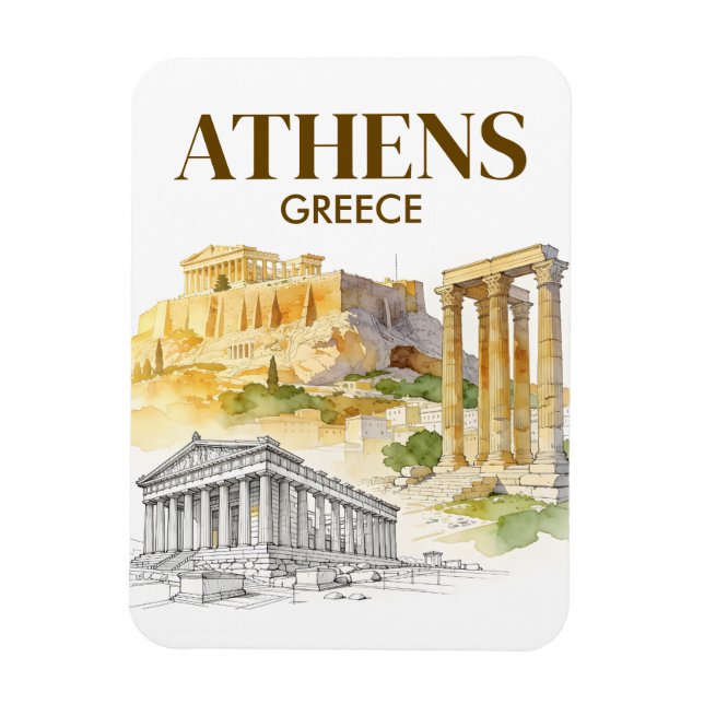 Magnet Flexible Athens Greece Acropolis Watercolor Sketch Travel (Vertical)