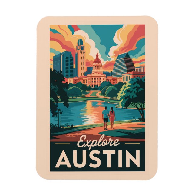 Magnet Flexible Austin Texas Skyline Voyage Art Rétro (Vertical)