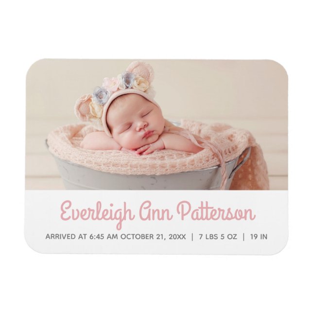 Magnet Flexible Baby Girl Pink White Photo Birth Announcement (Horizontal)