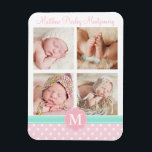 Magnet Flexible Baby Girl rose garde de naissance photo personnali<br><div class="desc">Belle tenue de naissance personnalisée. Avec quatre photos ou vos photos préférées. Personnalisez-le avec le nom du bébé et le monogramme. Motif pois rose et blanc,  détails vert menthe.</div>