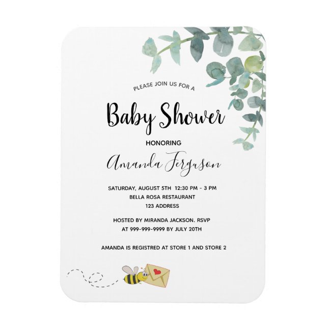 Magnet Flexible Baby shower eucalyptus verdure abeille mignonne (Vertical)