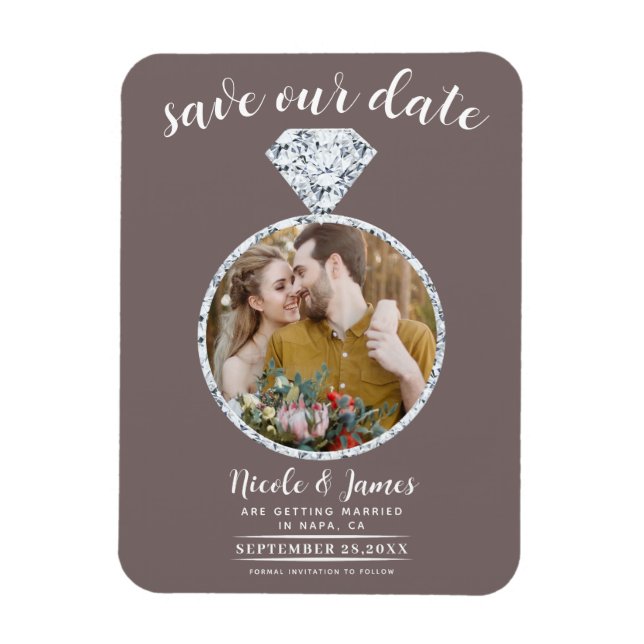 Magnet Flexible Bague Diamant Taupe Champignon Envoi Save the Date (Vertical)