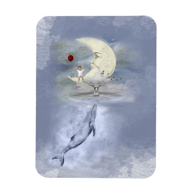 Magnet Flexible Baleine à bosse bleu mignonne et lune, imaginaire (Vertical)