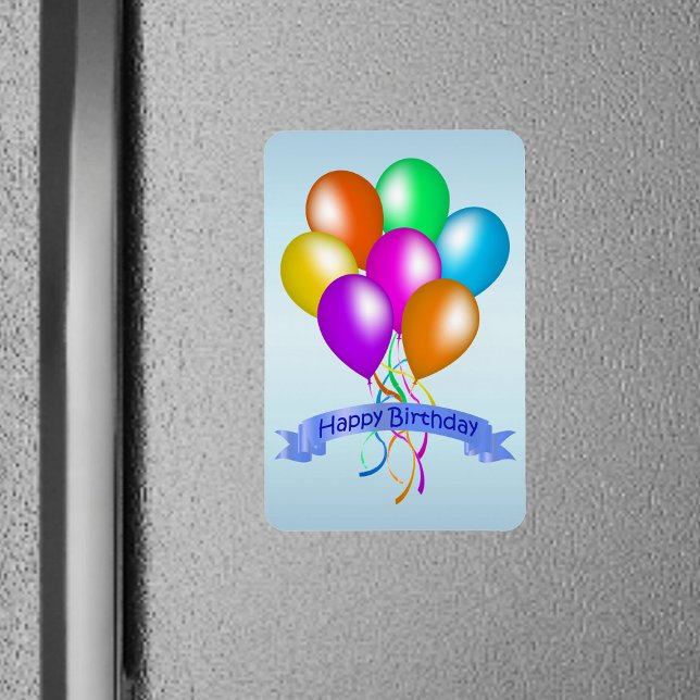Magnet Flexible Ballons d'anniversaire colorés et heureux (Bunch bright festive balloons Happy Birthday banner on blue magnet.)