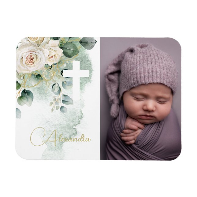 Magnet Flexible Baptême Religieux Christening Photo Croix Rose (Horizontal)