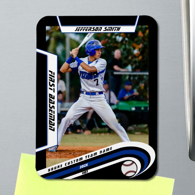 Magnet Flexible Baseball Keepsakes Libre Blue Black Custom (Baseball Player Magnet in Black with Custom Team Name and White Blue Elements)