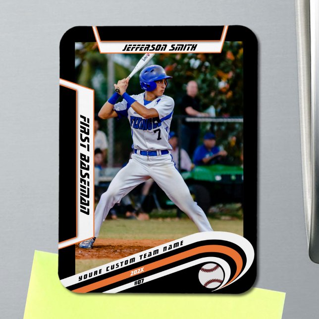 Magnet Flexible Baseball Keepsakes Libre Orange Black Custom (Baseball Player Magnet in Black with Custom Team Name and White Orange Elements)