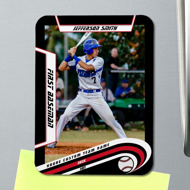 Magnet Flexible Baseball Keepsakes Live Red Black Custom (Baseball Player Magnet in Black with Custom Team Name and White Red Stripes)