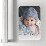 Magnet Flexible Bébé Bébé Photo Bleu Bonjour Faire-part de naissan<br><div class="desc">Célébrez l'arrivée de votre nouveau bébé avec cet aimant flexible keepsaké, avec le mot "bonjour" dans élégant script d'écriture bleue avec des swashes au début et à la fin. Personnalisez-le avec le nom et la date de naissance du bébé, et remplacez l'image de l'échantillon par votre photo préférée pour bébé....</div>