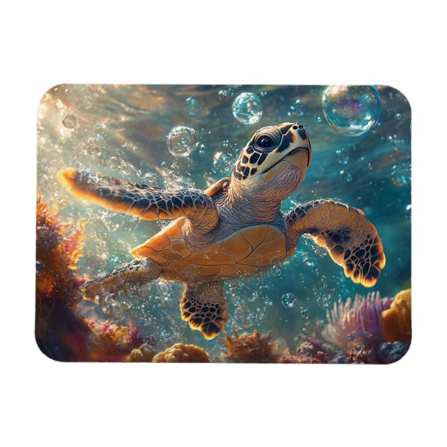 Magnet Flexible Bébé mignonne tortue de mer avec bulles (Horizontal)